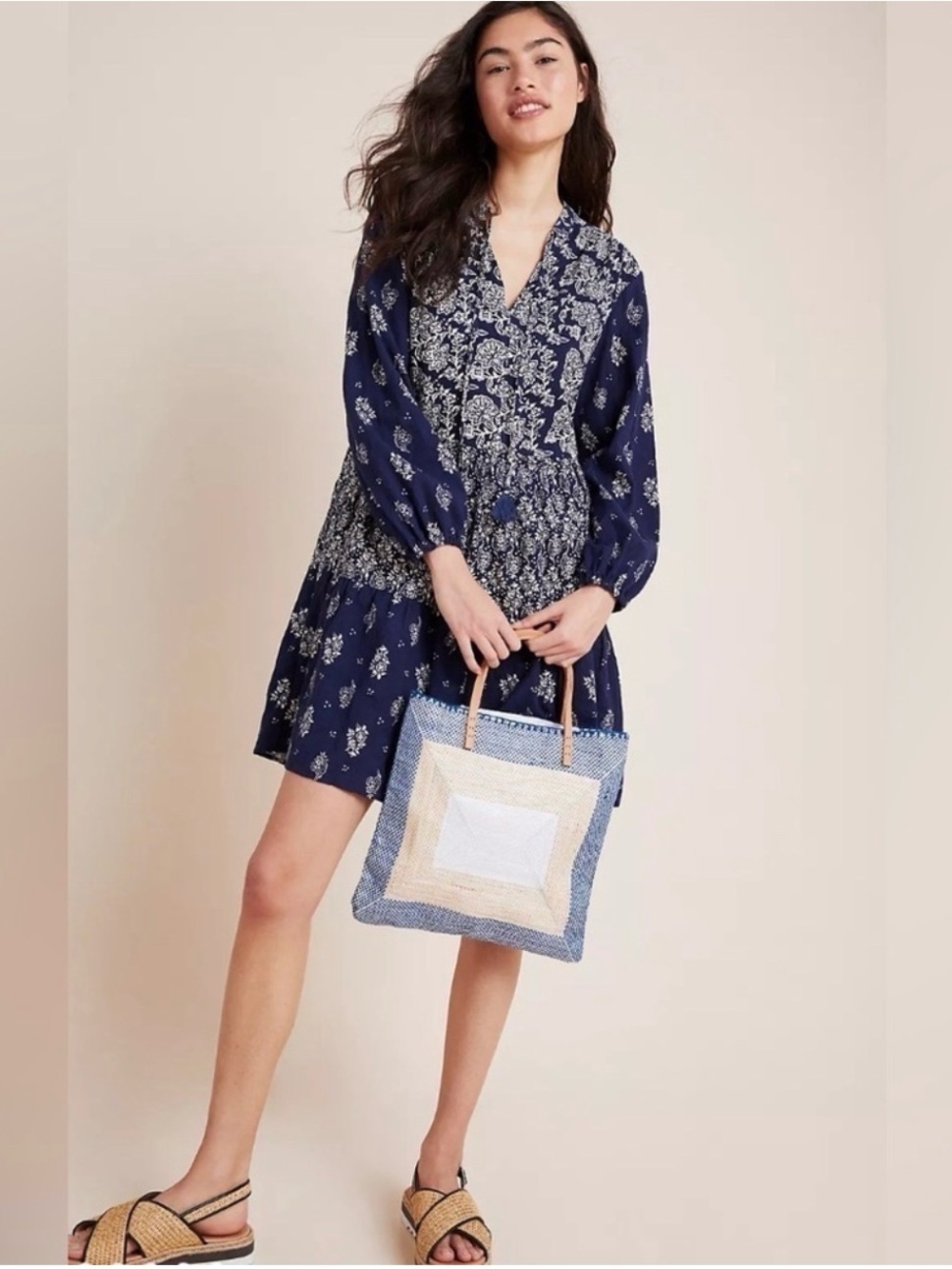 Anthropologie Maeve Navy and White Carlita Tiered Tunic Dress Medium